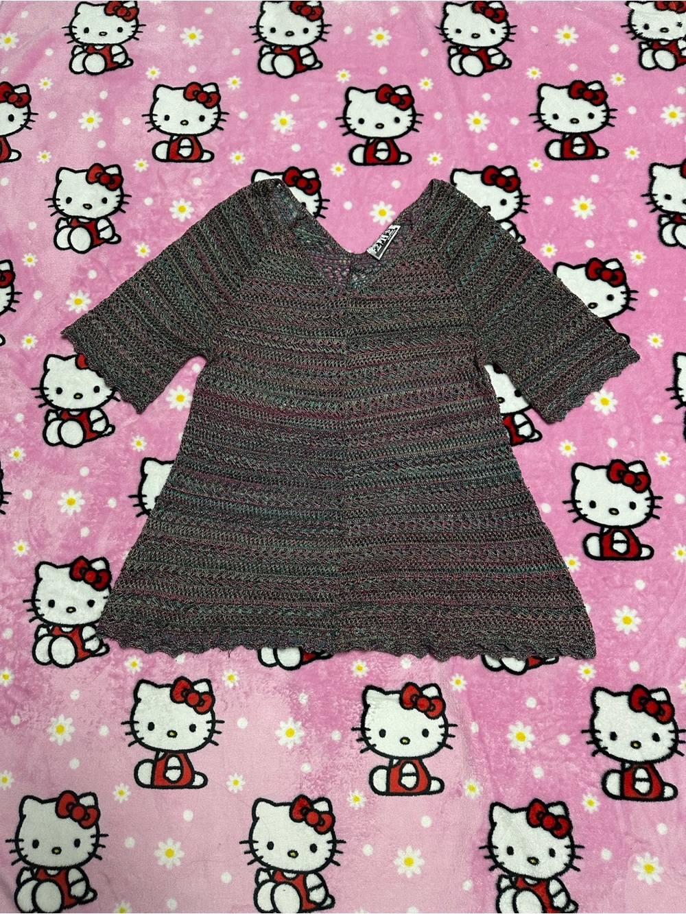 Women's Open Knit Crochet Tunic Top - Gray Multi